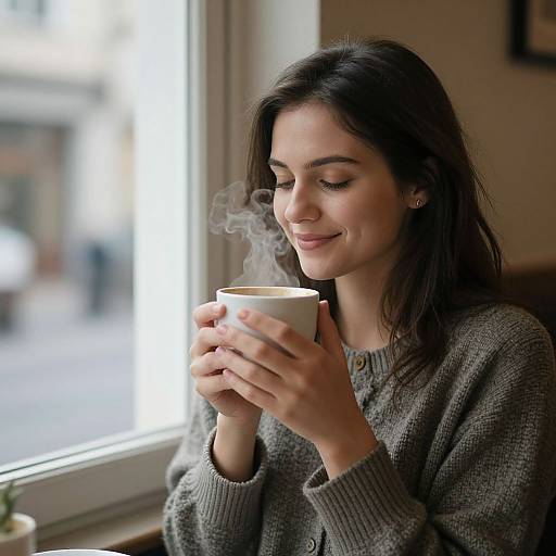 Photograph of a smiling young woman with long dark hair, wearing a gray knit sweater, holding a steaming white coffee cup, sitting by a sun