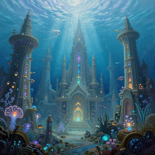 Fantastical underwater castle with glowing towers, colorful bioluminescent plants, and marine life, illuminated by sunlight filtering through the water.