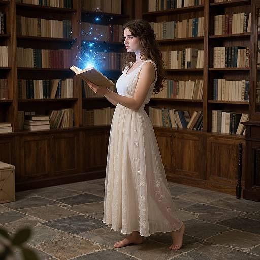 Photograph of a long-haired woman in a white, sleeveless, lace dress reading a glowing blue book in a dimly lit library.