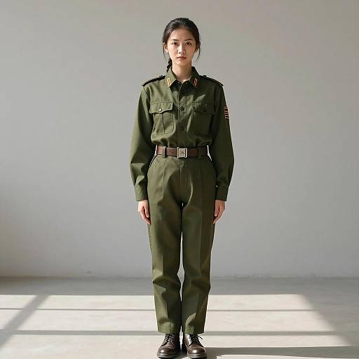 Asian Woman in Olive Green Military Uniform