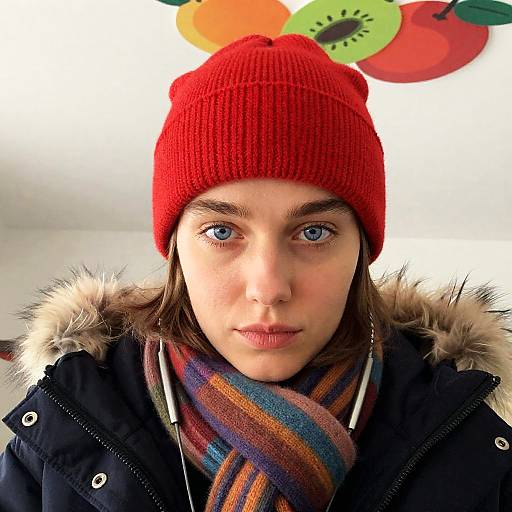 Young Woman in Red Beanie and Scarf