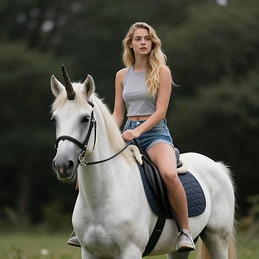 Confident Blonde Woman Riding White Unicorn