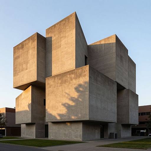 Photograph of a modern, concrete geometric building with sharp, angular shapes, bathed in golden sunlight, casting shadows, set against a clear blue sky