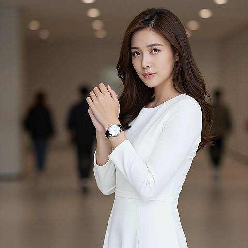 Photograph of an Asian woman with long dark hair, wearing a white long-sleeve dress, clasping her hands, smiling, in a modern