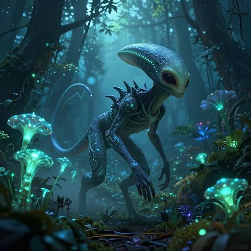 Digital artwork of a luminescent, alien creature with large head, blue scales, and glowing eyes, standing in a bioluminescent forest with