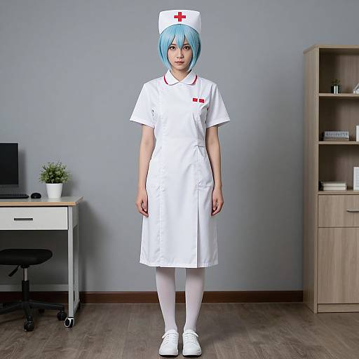 Photograph of a person with blue hair in a white nurse uniform, red cross hat, white stockings, and white shoes, standing in a minimalist office