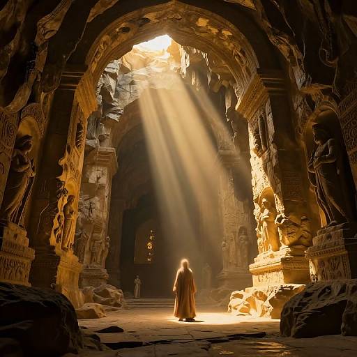 Photograph of a lone figure in a long robe standing in a sunlit, ornate, ancient temple with sunlight beams illuminating detailed stone carv