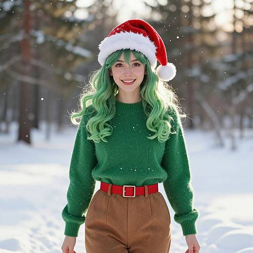 Photograph of a smiling woman with green curly hair, wearing a red Santa hat, green sweater, brown high-waisted pants, and red belt