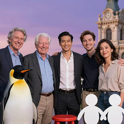 Smiling Group Portrait with Sunset Background