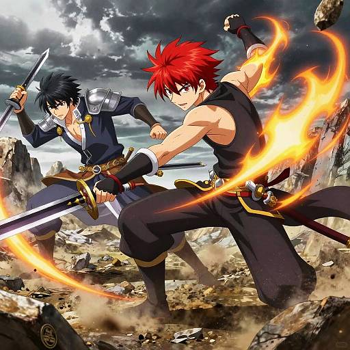 Digital anime artwork of two male warriors with red and black spiky hair, wielding swords, surrounded by flames, in a rocky, cloudy landscape. One