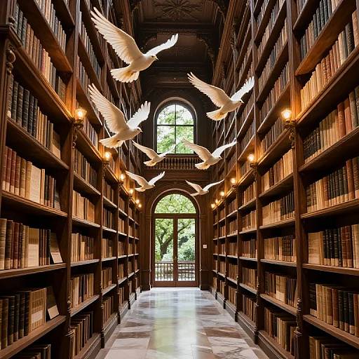 Photograph of a grand library with tall wooden bookshelves on both sides, illuminated by warm lights, featuring white doves flying overhead towards a large