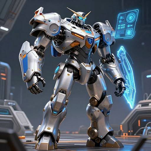CGI image of a futuristic, white and blue armored robot with glowing neon accents, standing in a high-tech, industrial sci-fi environment.