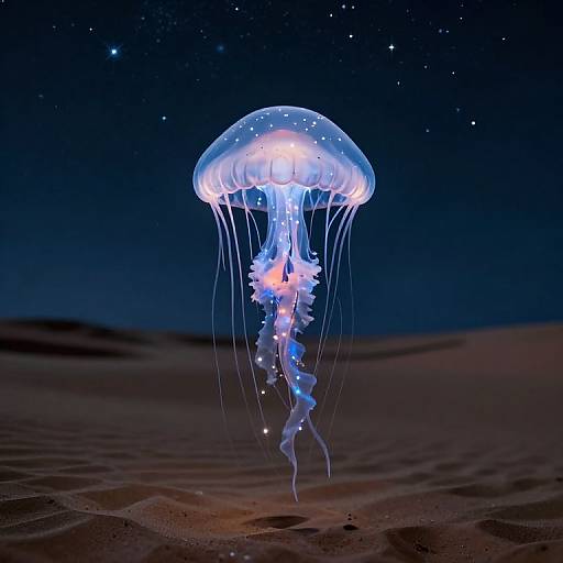 Photograph of a glowing, translucent jellyfish with long, trailing tentacles, floating above a dark sandy ocean floor under a starry night sky.