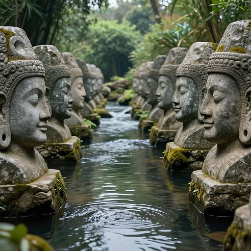Photograph of serene stone Buddha heads with intricate headdresses lining a calm, narrow stream in a lush, green forest.