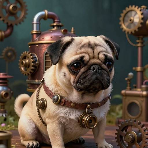 Photograph of a pug with a beige coat and dark mask, wearing a steampunk collar, surrounded by intricate copper gears and machinery.