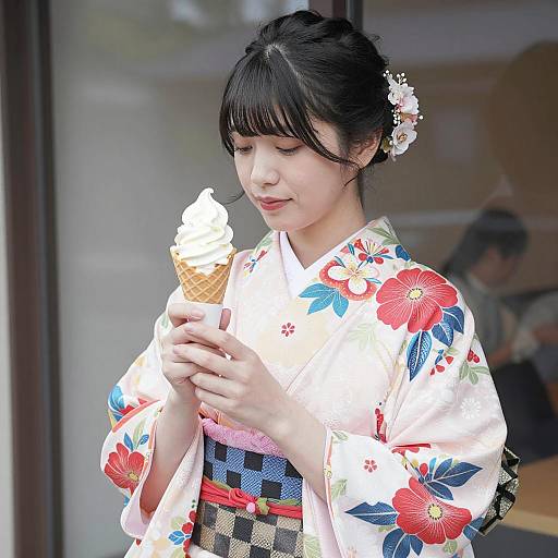 Colorful Kimono Beauty with Ice Cream