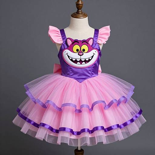 Photograph of a purple and pink cartoon cat-themed tutu dress on a mannequin, featuring a smiling cat face, pink tulle, and
