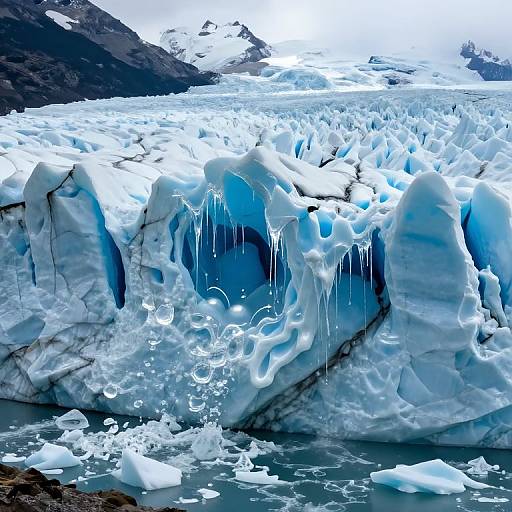 Photograph of a towering, icy glacier with blue-tinted ice formations, hanging icicles, and chunks of ice floating in a cold, dark