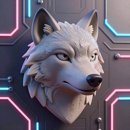 CGI 3D wolf head with white fur, glowing neon accents, and metallic background with blue and pink lines. Realistic texture, detailed fur