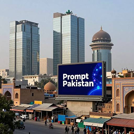 Photograph of a cityscape with tall glass skyscrapers, a dome-shaped building, and a large billboard reading 