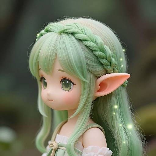 Digital artwork of a cute, anime-style elf girl with long, mint-green hair, braided crown, large green eyes, and pointed ears, wearing