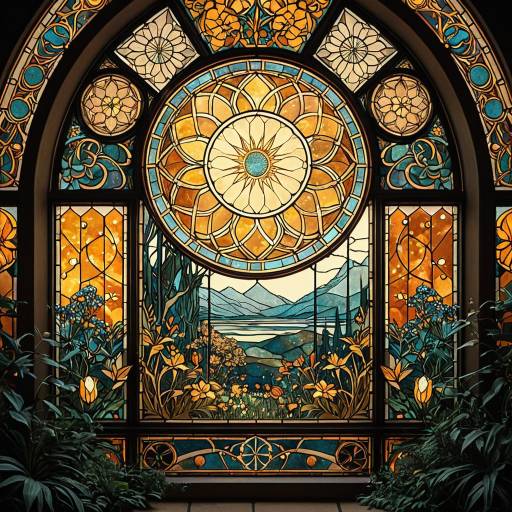Hexagonal Stained Glass Window with Celestial Garden