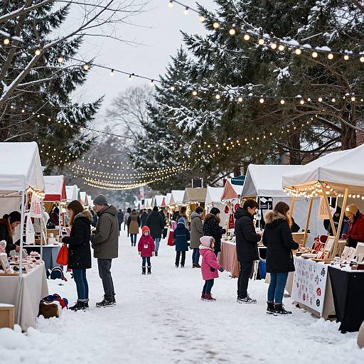 Photograph of a snowy outdoor Christmas market with string lights, white tents, shoppers in winter clothes, and pine trees lining the path.