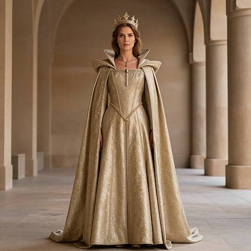 Photograph of a woman in an ornate gold royal gown with a large cape and gold crown, standing in a grand, arched stone hallway.