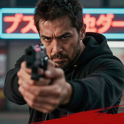 Intense Man Aiming with Gun in Neon