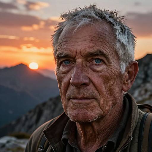 Photograph of an elderly man with weathered face, gray hair, and blue eyes, standing against a vibrant sunset mountain backdrop.