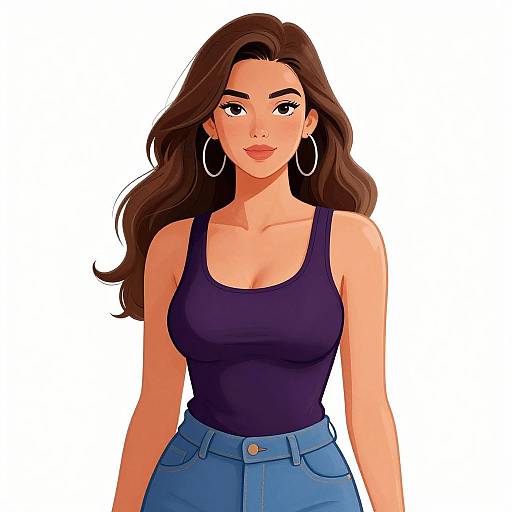 Digital illustration of a confident woman with long brown hair, wearing a black tank top, blue high-waisted jeans, and large silver hoop earrings,