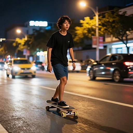 Nighttime photograph of a young Asian man with curly hair, wearing a black t-shirt and blue shorts, skateboarding on a wet street, surrounded by