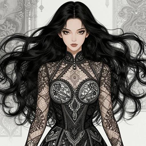 Digital illustration of a beautiful Asian woman with long black hair, wearing a detailed, black lace dress, against a swirling grey background.