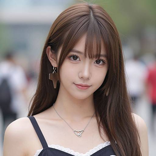Photograph of a young Asian woman with long brown hair, bangs, wearing a black and white dress, small necklace, and cross earrings, smiling