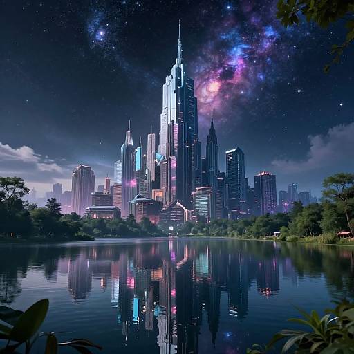 Digital artwork of a futuristic cityscape at night, featuring a towering, illuminated skyscraper reflecting on a calm, starry lake, surrounded by lush green
