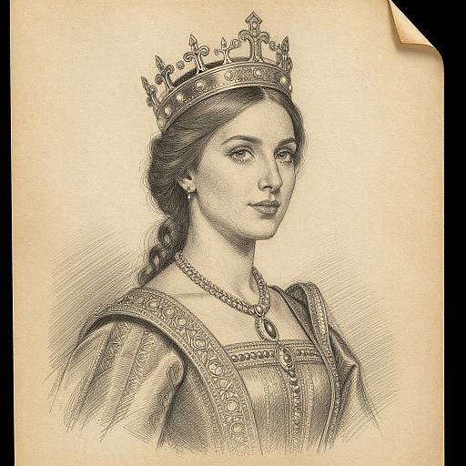 Pencil drawing of a regal woman with long braided hair, wearing an ornate crown, square-necked gown, and necklace, looking confidently