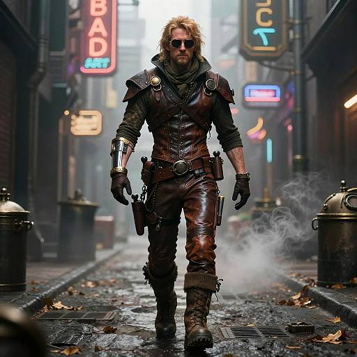Cyberpunk street scene: rugged man with shaggy hair, sunglasses, leather armor, gloves, and boots walks through neon-lit alley,