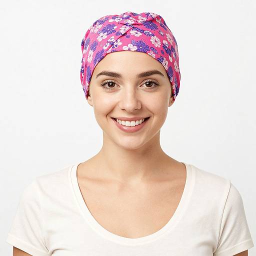 Smiling Woman in Floral Chemo Turban