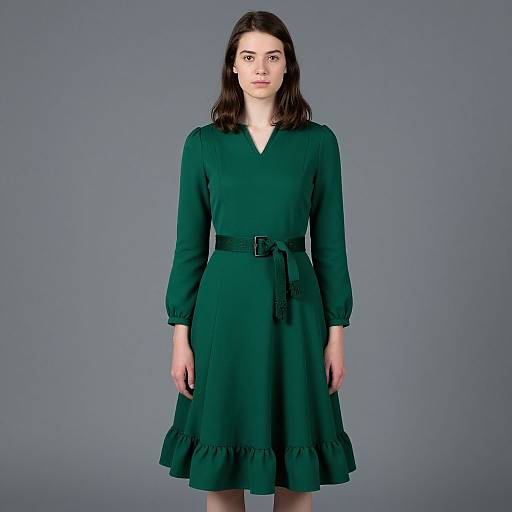 Photograph of a young woman with fair skin and dark brown hair, wearing a long-sleeve, emerald green dress with a belted waist