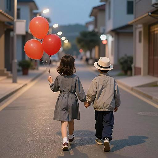 Children Walking Hand in Hand at Dusk