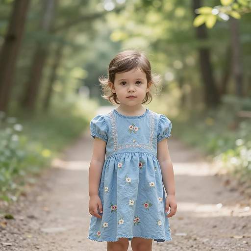 Toddler in Blue Floral Dress on Forest Path