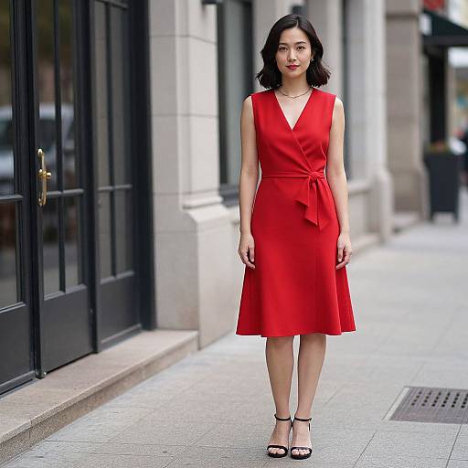 Photograph of a young Asian woman with shoulder-length black hair, wearing a sleeveless red dress, black sandals, standing on a city sidewalk in front
