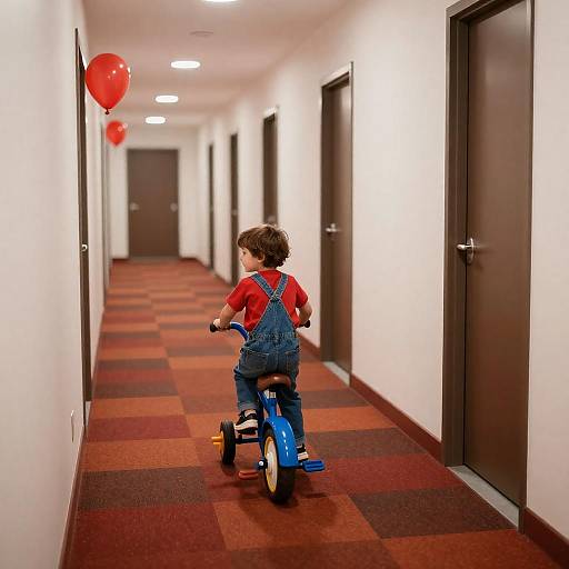Boy with Tricycle in Colorful Hallway