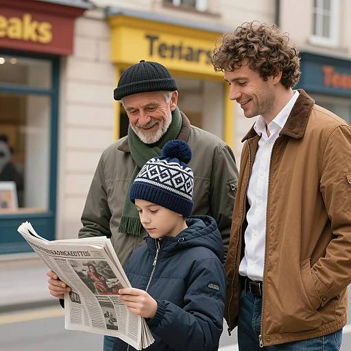 Three Generations Reading Newspaper Outdoors