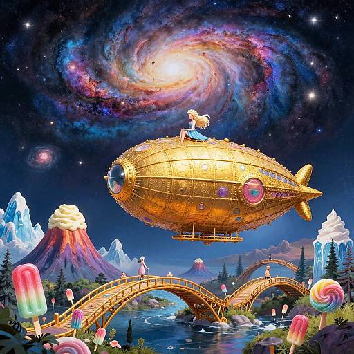 Digital art of a golden, fish-shaped airship with a girl on top, over a colorful candy-filled landscape, with a swirling galaxy in the night