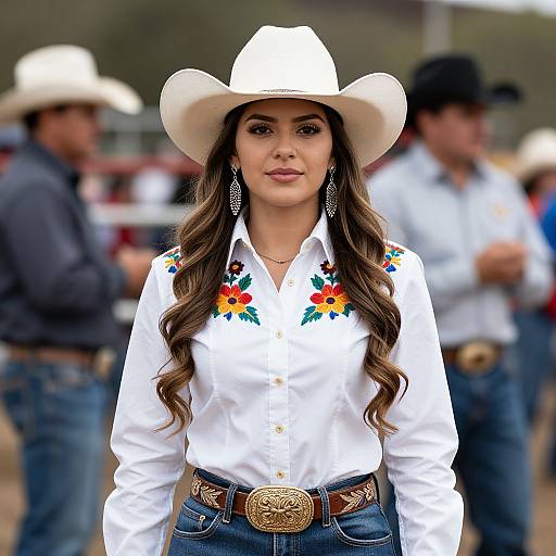 Photograph of a young Latina woman with long brown hair, wearing a white cowboy hat, white embroidered shirt, and blue jeans, standing in a blurred