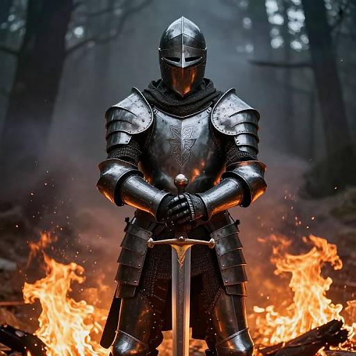 Photograph of a medieval knight in shiny, silver armor, helmeted, holding a sword, standing before a blazing forest fire.