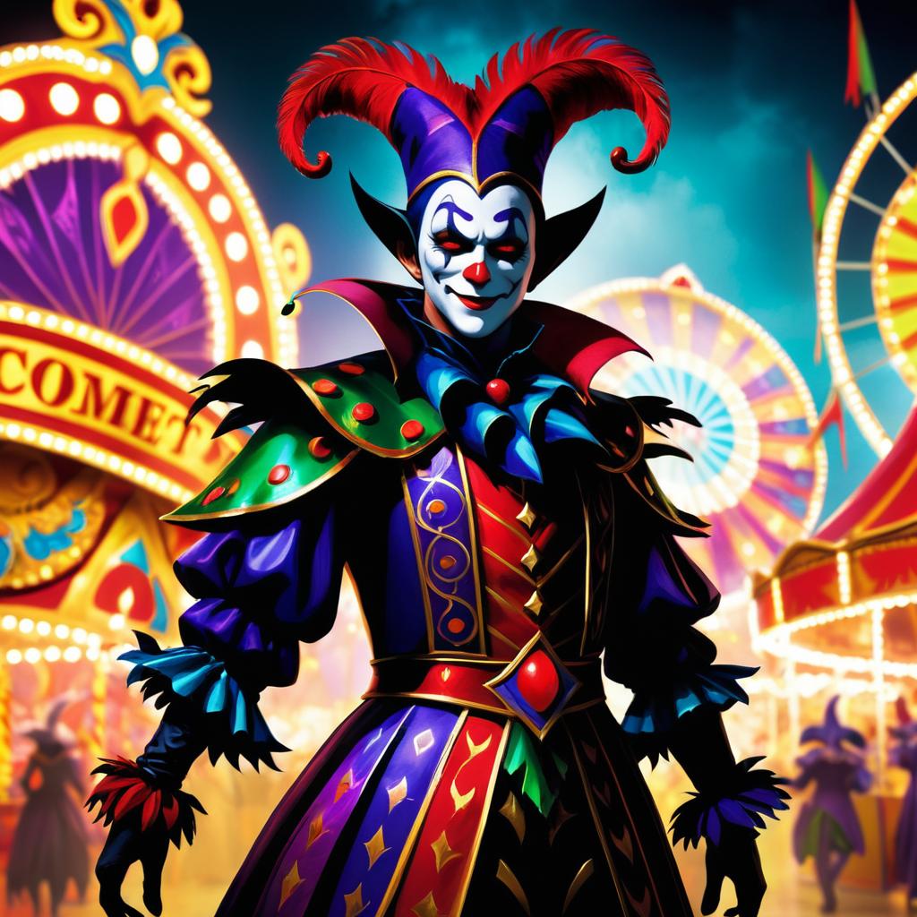 Sinister Jester in Dim Carnival Scene