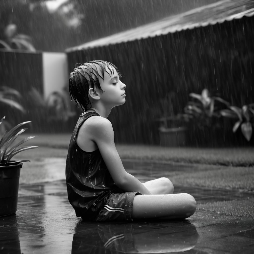 Boy in Rain: Black and White Masterpiece