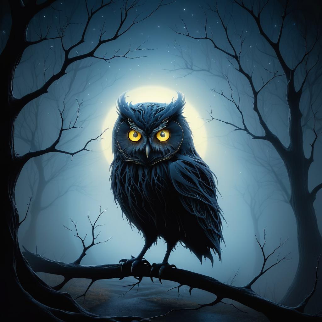 Eerie Owl on a Foggy Moonlit Path